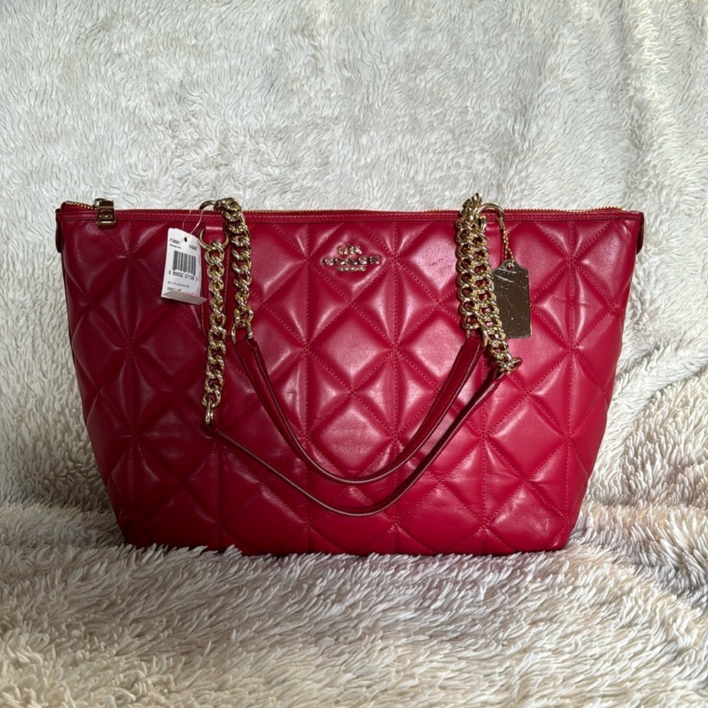❤️- NWT Coach Ava Chain Tote Carryall Red Quilted Leather Large Shoulder… - Picture 2 of 16